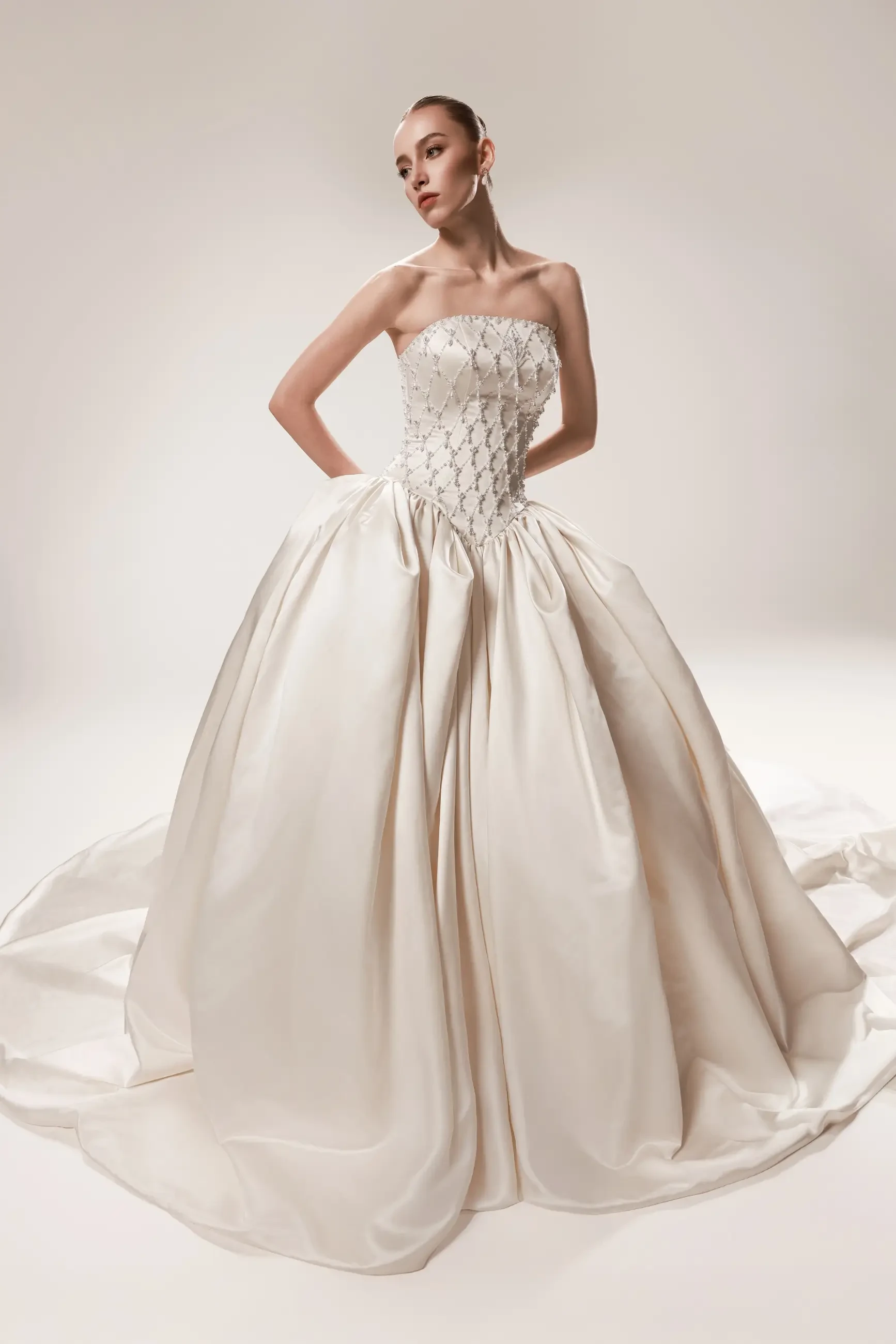 A woman in an elegant, strapless ball gown poses against a neutral background. The dress features intricate beading on the bodice and a voluminous skirt.