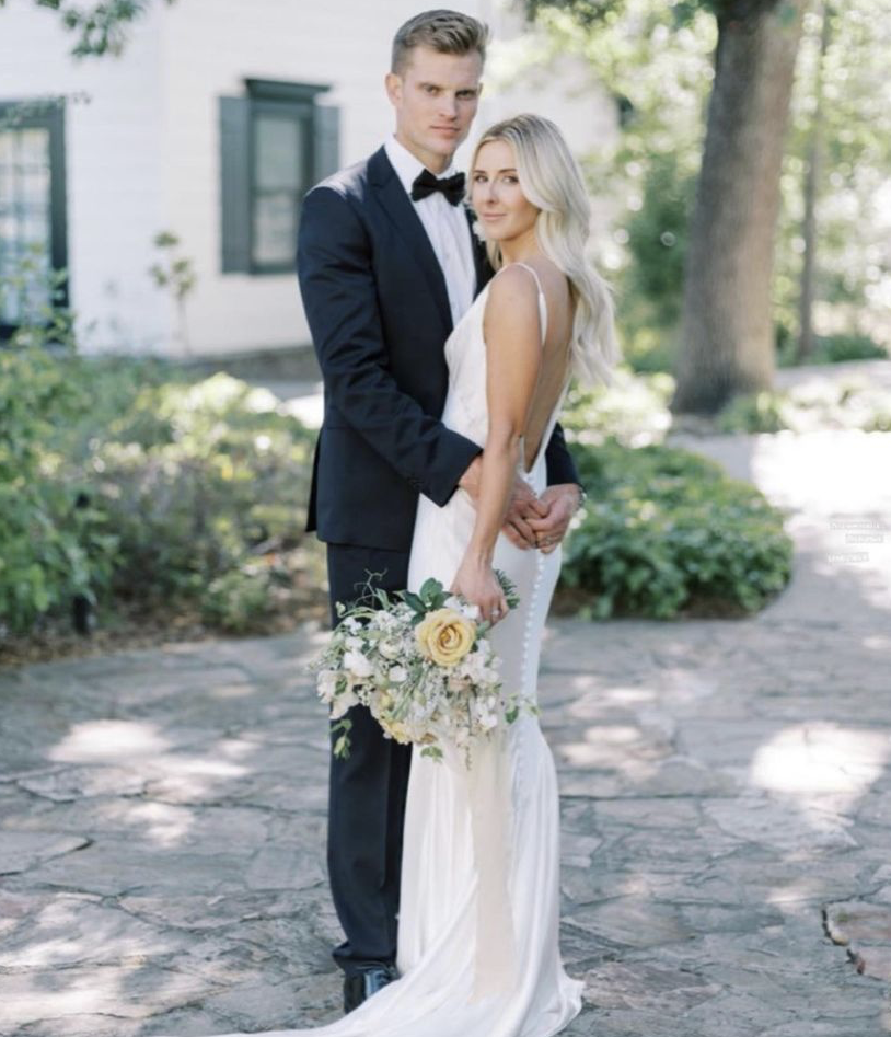 Сouple wearing a white gown and a black suit
