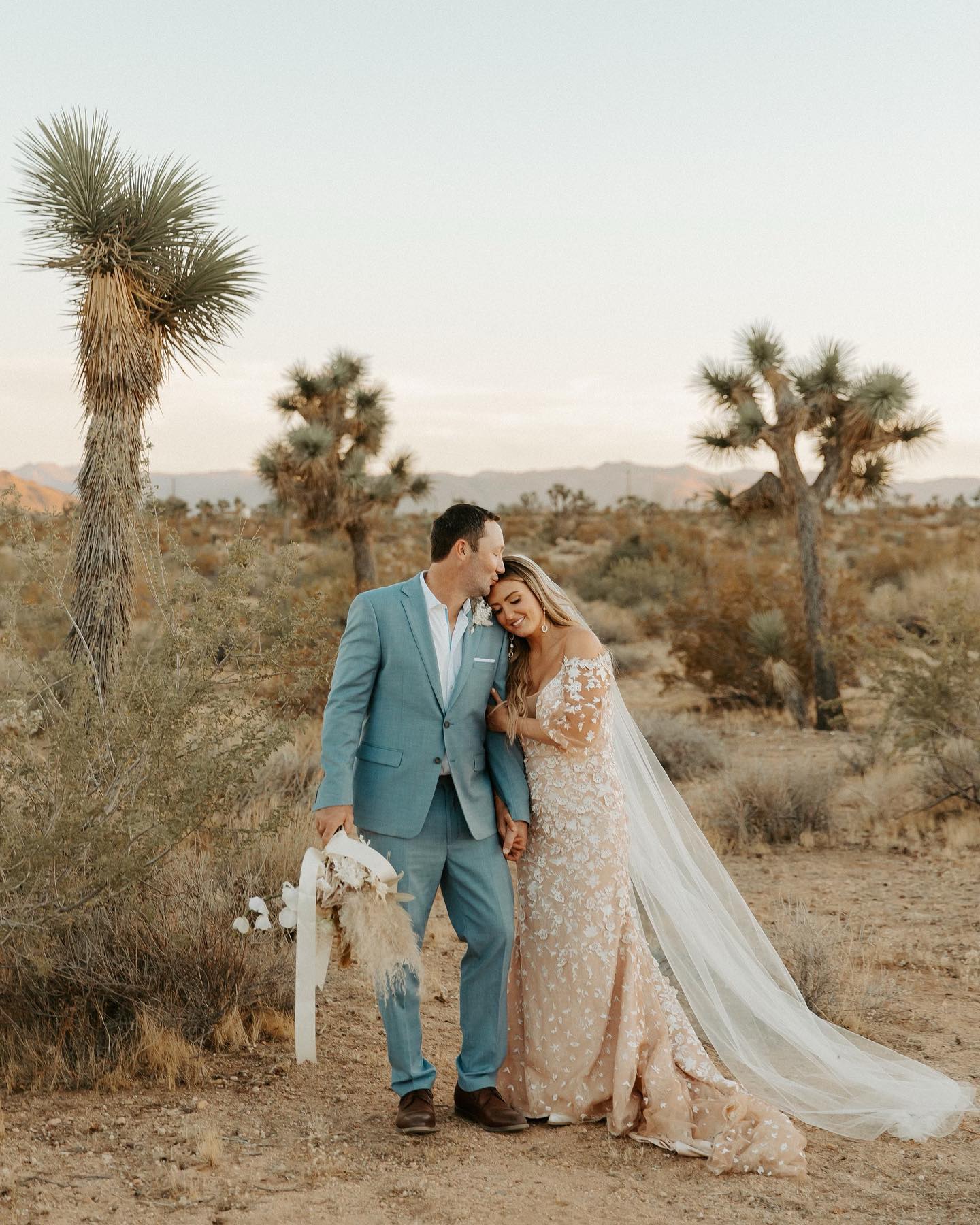 Сouple wearing a white gown and a blue suit